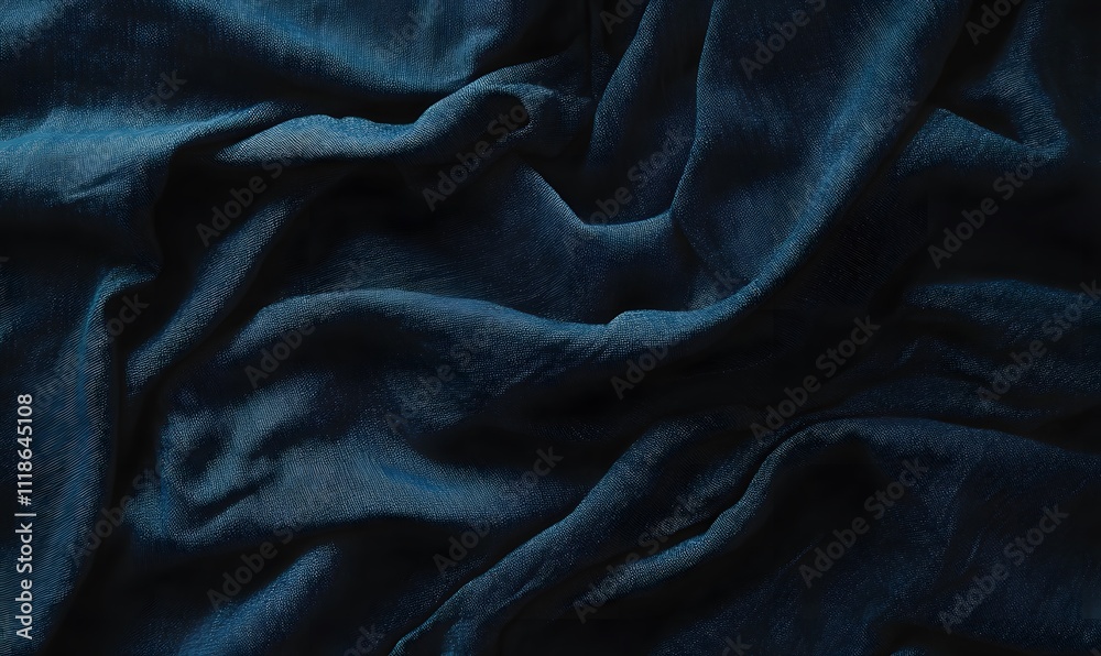 Deep indigo blue fabric draped in textured folds. Deep indigo blue fabric draped in textured folds.