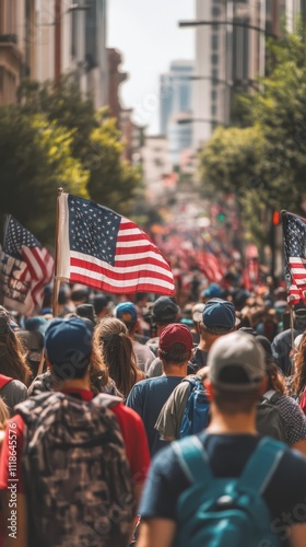 American Patriotism: A powerful image of a crowd of people marching down a city street, waving American flags, symbolizing unity, pride, and national identity.