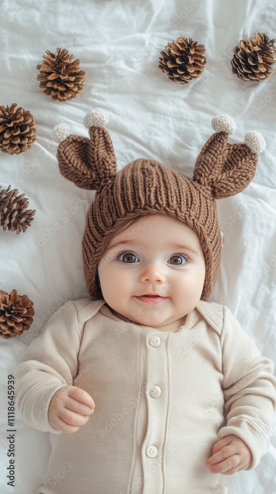 Baby wearing cute knitted reindeer hat among pine cones and soft bedding in cozy setting Baby wearing cute knitted reindeer hat among pine cones and soft bedding in cozy setting