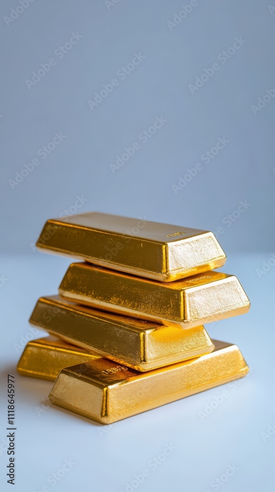 Stack of Gold Bars: A close-up shot of four gleaming gold bars stacked neatly against a subtle backdrop, symbolizing wealth, prosperity, and financial security. The image evokes a sense of luxury.