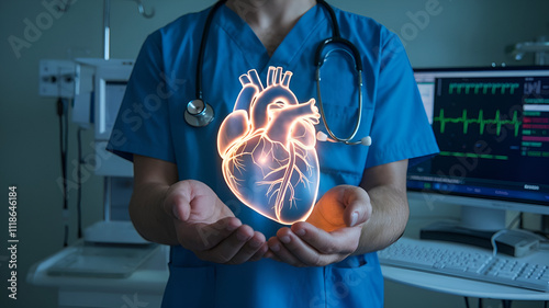 Medical doctor, cardiologist holds a 3d digital heart in his hands photo