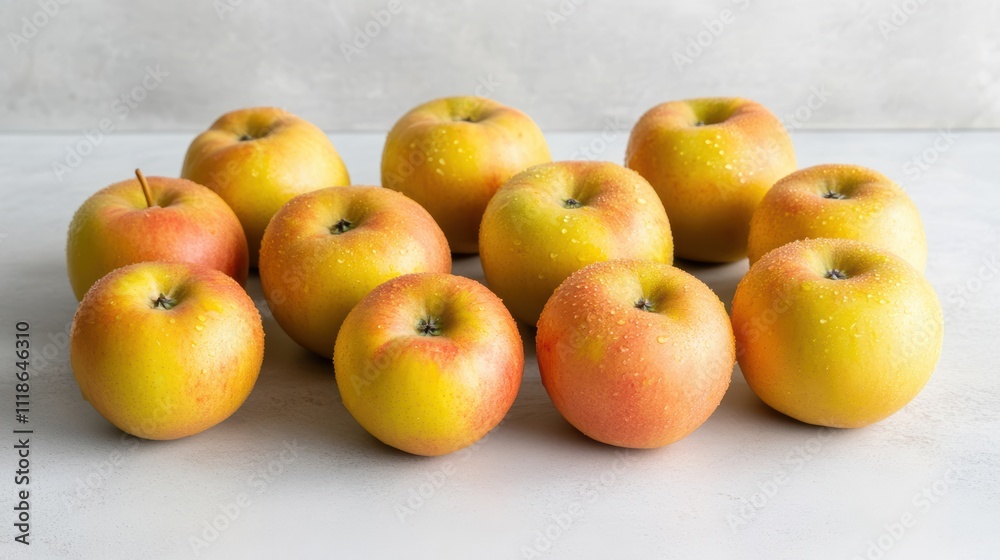 Fresh, ripe, yellow-red apples, arranged on a light gray surface, glistening with water droplets.. Fresh, ripe, yellow-red apples, arranged on a light gray surface, glistening with water droplets..