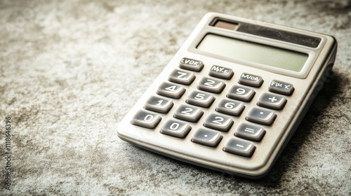 Close-up of a light gray calculator on a textured surface. photo