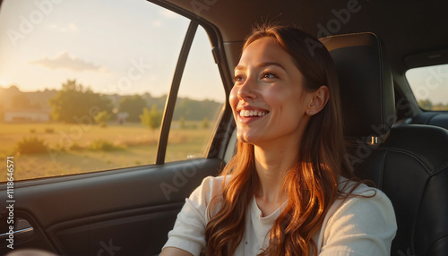 Smiling woman enjoying a scenic sunset drive. photo