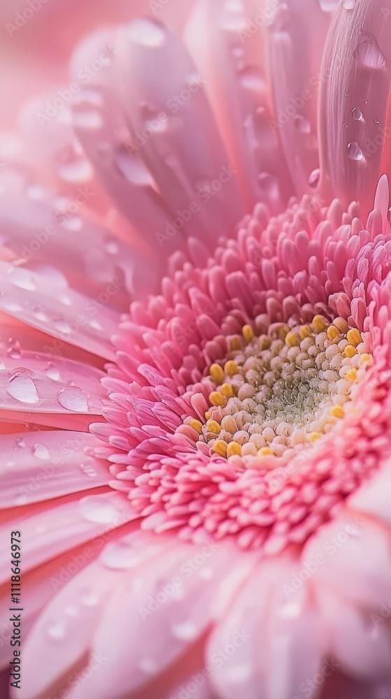 Pink Gerbera Daisy Close-up with Dew Drops Pink Gerbera Daisy Close-up with Dew Drops