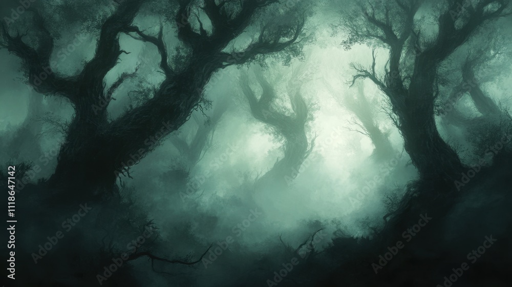 Obraz premium Enigmatic foggy forest with leafless trees
