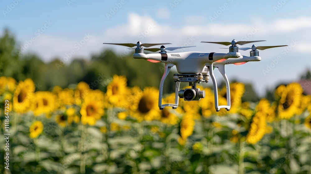 Field of sunflowers under drone surveillance, highlighting advancements in crop management Field of sunflowers under drone surveillance, highlighting advancements in crop management