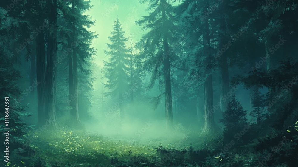 Fototapeta premium Ethereal foggy pine forest scene