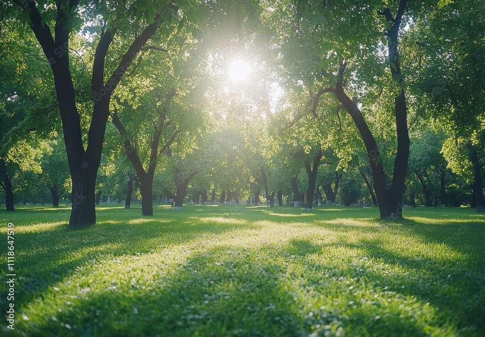Naklejka premium Tranquil Sunlit Forest Scene with Tall Trees and Vibrant Green Grass Illuminated by a Soft Morning Light in a Serene Outdoor Setting