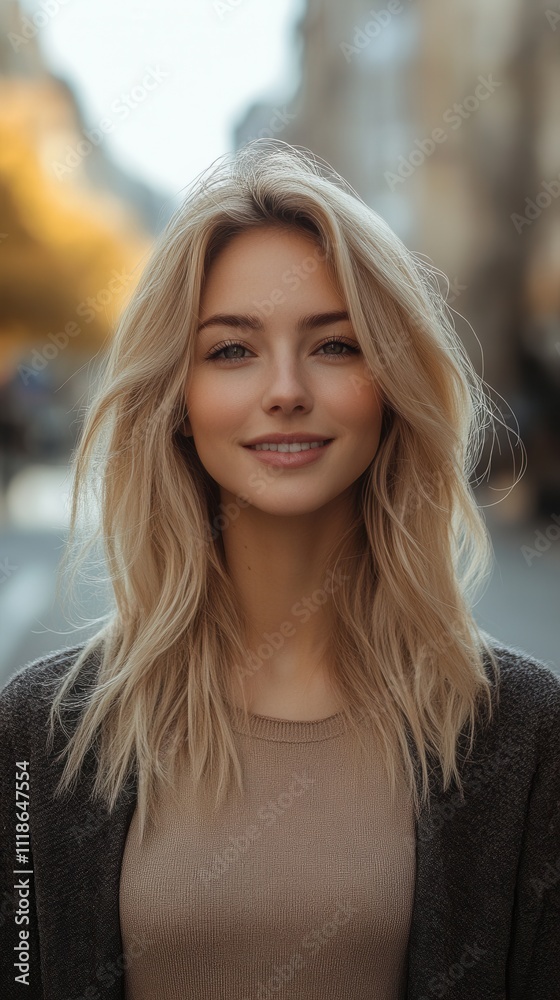 Young woman with blonde hair smiles warmly while walking through a vibrant city street during autumn, surrounded by colorful leaves and a soft glow of sunset light Young woman with blonde hair smiles warmly while walking through a vibrant city street during autumn, surrounded by colorful leaves and a soft glow of sunset light