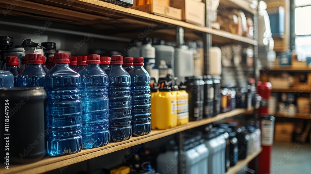 Various containers filled with liquids are neatly arranged on shelves in a storage space. The setting is well-lit, showcasing a range of sizes and colors of the containers. Various containers filled with liquids are neatly arranged on shelves in a storage space. The setting is well-lit, showcasing a range of sizes and colors of the containers.