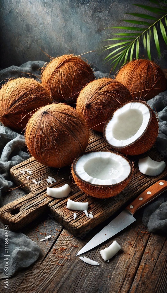 Fresh Coconuts on a Wooden Cutting Board Fresh Coconuts on a Wooden Cutting Board
