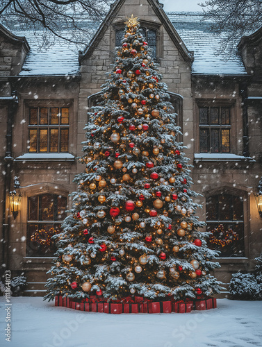 Weihnachtsbaum dekoriert vor historischer Fassade im Schnee

 photo