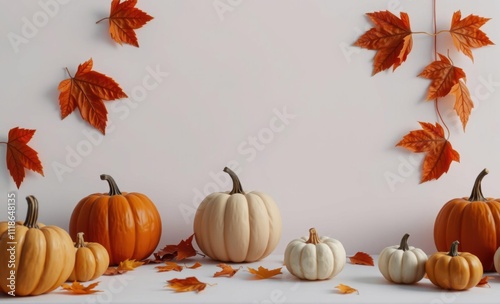 Backdrop photo of A white background with a row of pumpkins and leaves  photo