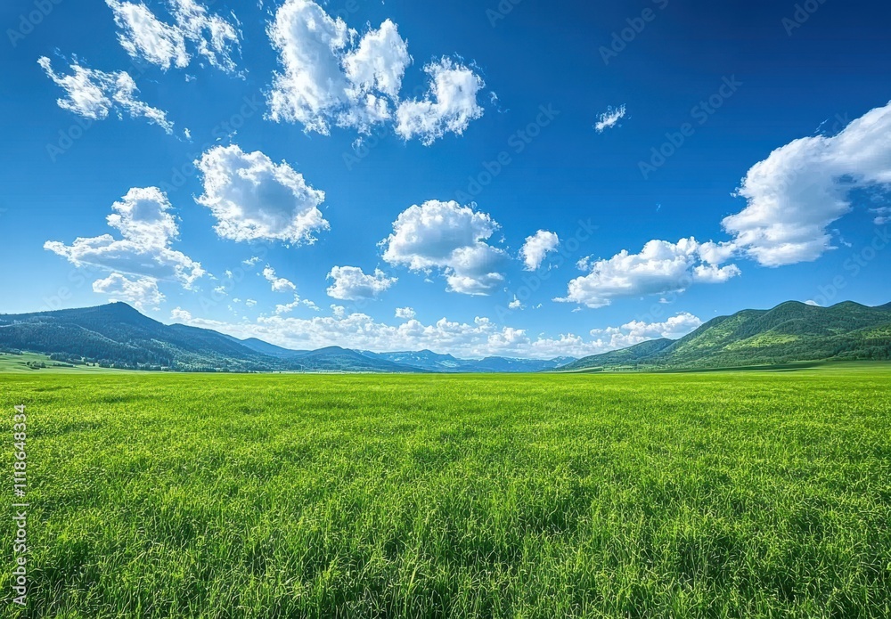 Fototapeta premium Vast Green Open Field Under a Bright Blue Sky with Fluffy White Clouds and Distant Mountains Creating a Serene and Picturesque Landscape in Nature