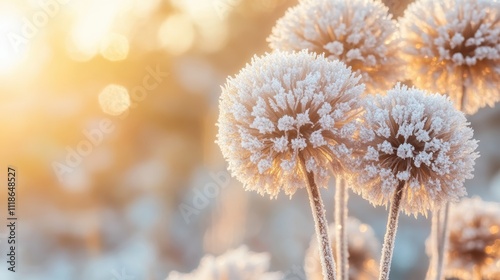 Frosty winter flowers illuminated by golden sunlight.