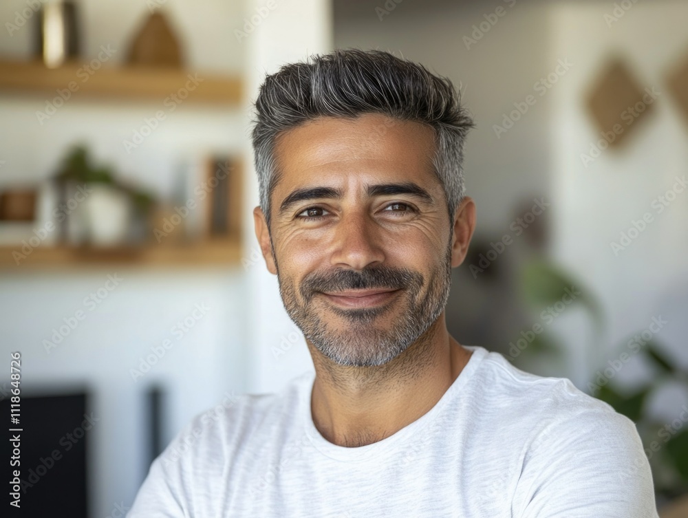 Bearded Man with Smile and Gray Hair, Wearing White T-Shirt
