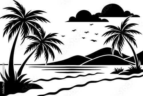 Beach landscape constructor. Sandy beaches, tropical palms, mountains and hills.