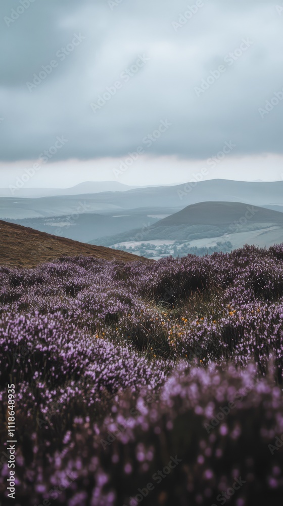 Purple Hills: A serene landscape captures the beauty of a hillside blanketed in purple heather, the distant rolling hills shrouded in mist. The overcast sky adds a sense of tranquility. Purple Hills: A serene landscape captures the beauty of a hillside blanketed in purple heather, the distant rolling hills shrouded in mist. The overcast sky adds a sense of tranquility.