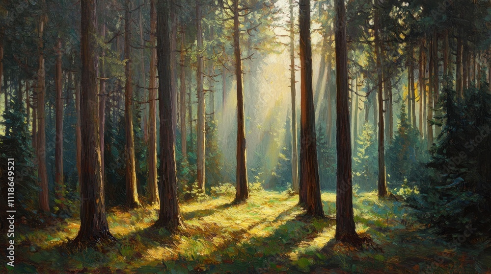 Obraz premium Golden sunlight through pine trees in forest