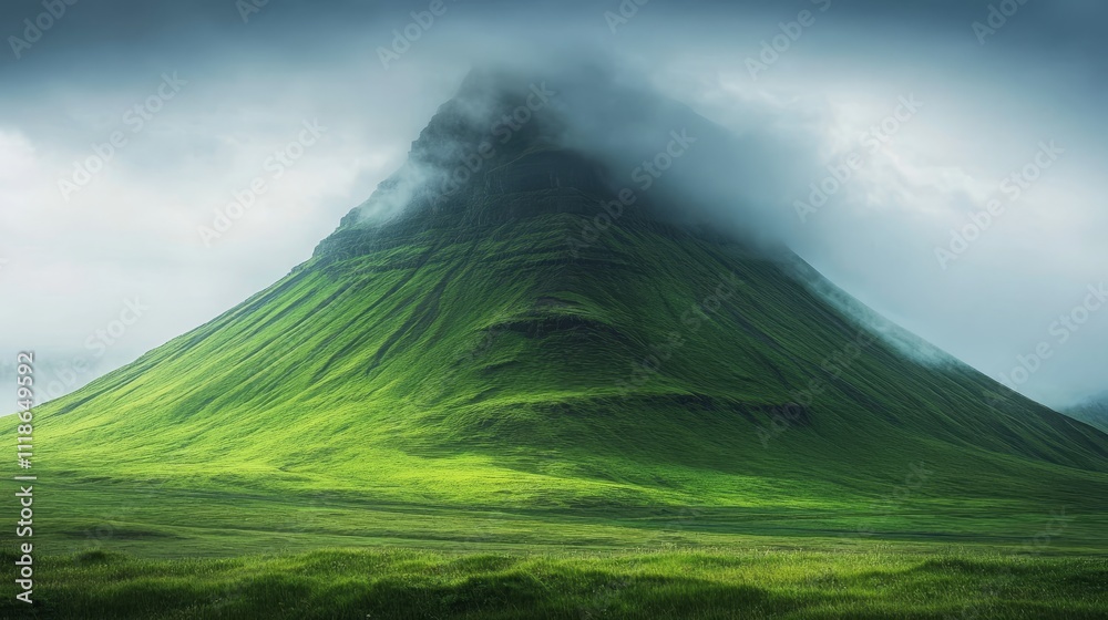 Fototapeta premium An ethereal mountain shrouded in Iceland's ominous clouds, its verdant slopes adorned with moss and an air of mystery.
