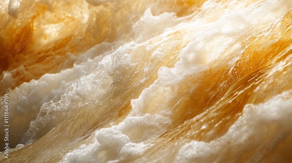 Obraz premium Close-up view of fast-flowing, foamy, tan-colored water cascading down a waterfall or rapids.