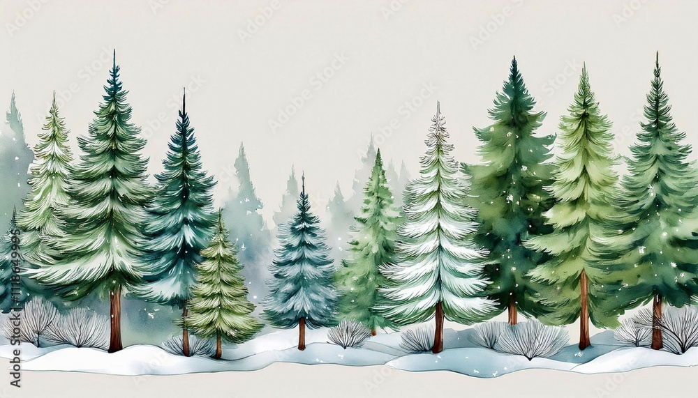 Obraz premium watercolor snow covered pine trees in various shades of green softly outlined against a pale grey background