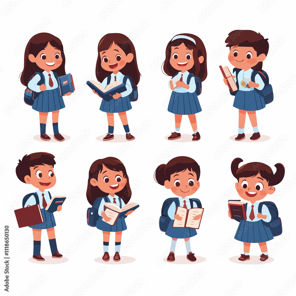 Cheerful Cute Kids in Blue School Uniform Set Cheerful Cute Kids in Blue School Uniform Set