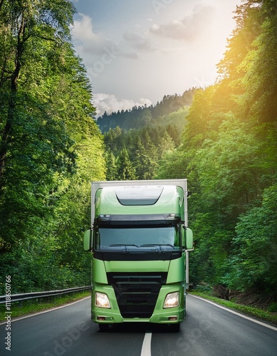 green logistics concept features truck icon symbolizing eco-friendly transport, powered by clean energy, through a forest backdrop to promote sustainable processes aimed, net-zero carbon emissions photo