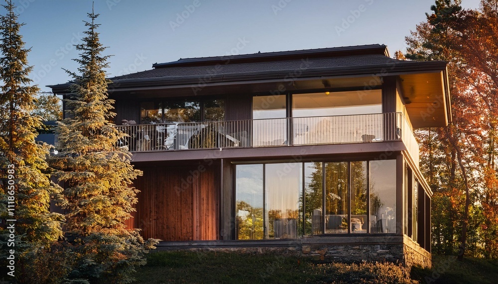 a house with a large glass window and a balcony the house is surrounded by trees and has a warm inviting atmosphere
