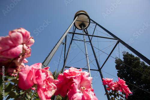 Fotografie Campbell, California, USA - August 29, 2024: Afternoon sun shines on historic 1928 steel water tower of downtown Campbell