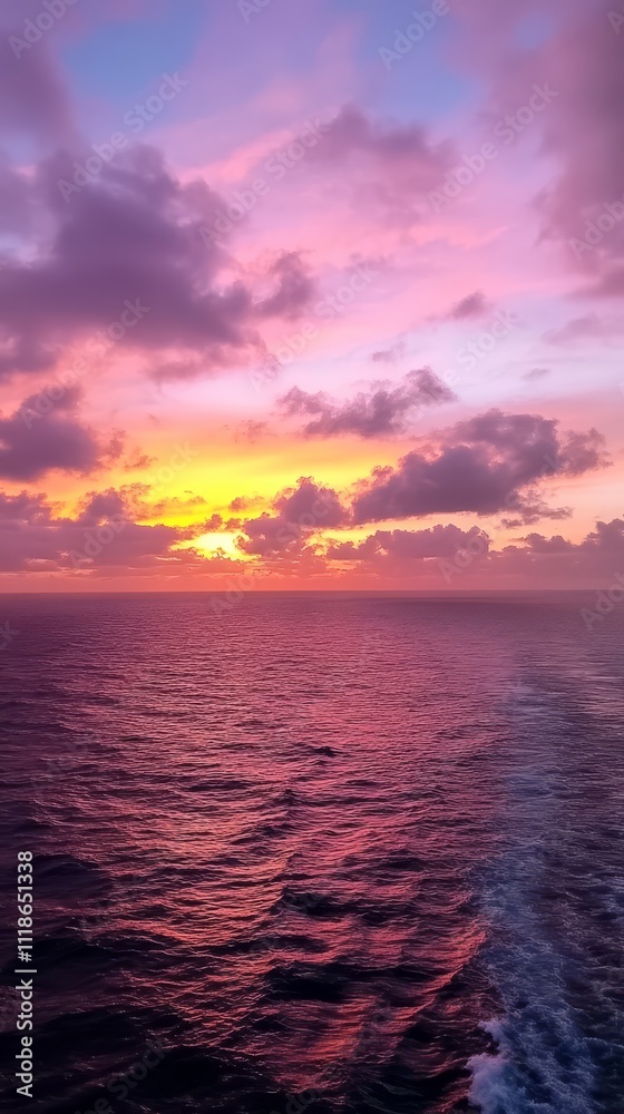 Fototapeta premium Ocean Sunset: A breathtaking sunset paints the sky in vibrant hues of purple, orange, and pink, casting a warm glow over the vast expanse of the ocean.