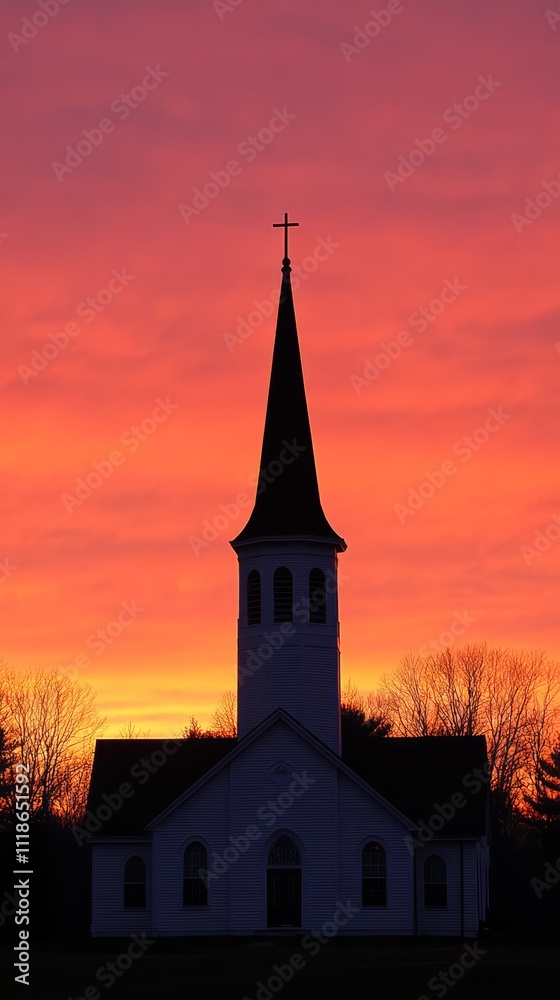 Fototapeta premium Church Silhouette at Sunset: A striking silhouette of a church stands tall against a vibrant sunset, its steeple reaching towards the heavens. The image evokes a sense of peace, faith, and hope.