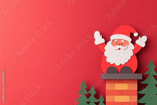 Santa Claus waves cheerfully from a chimney in a colorful paper cutout style against a festive red background