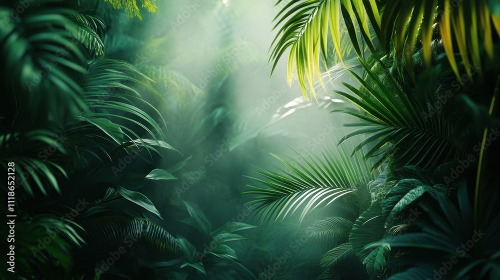 Lush tropical jungle with soft mist and foliage