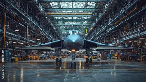New secret airplane being built at aerospace factory, military fighter aircraft is in assembly shop of plant. Concept of plane, industry, machinery, war.