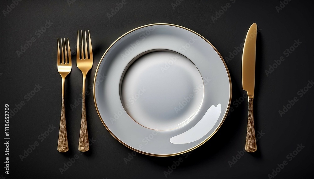 minimalist served white plate with golden fork and knife copy space black background generative ai minimalist served white plate with golden fork and knife copy space black background generative ai