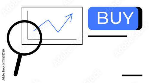 Magnifying glass examining a rising stock chart, blue BUY button beside. Ideal for finance, investing, stock analysis, online trading, market growth, business decisions, economic growth. Line