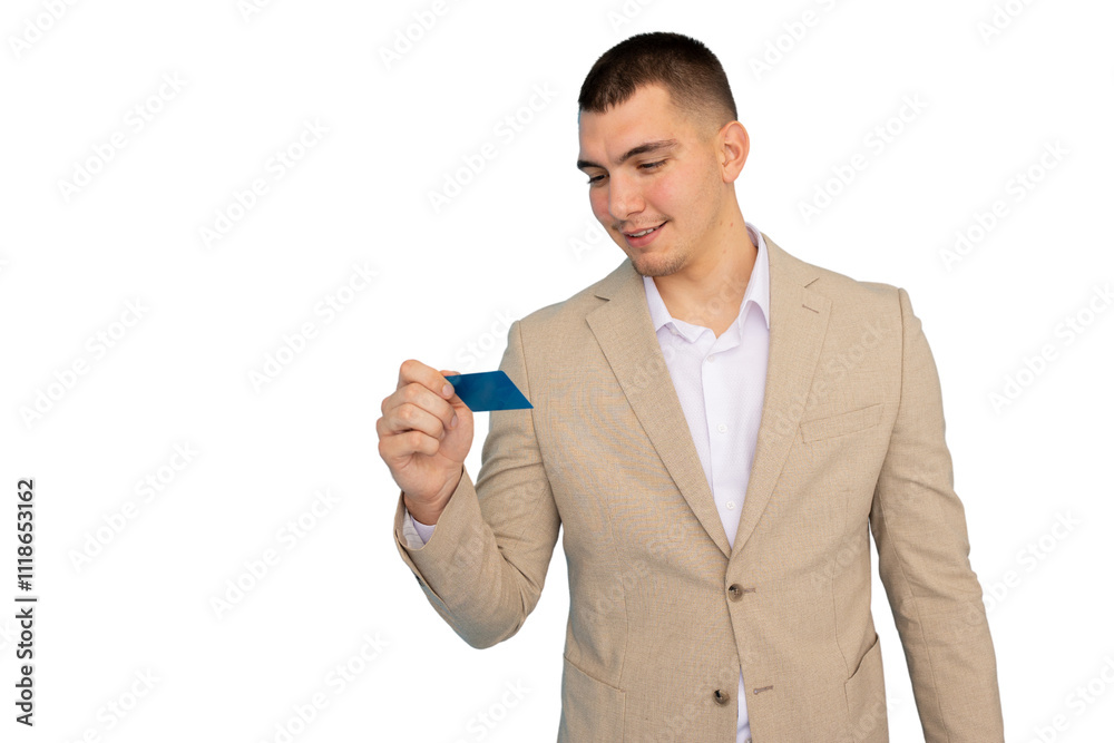 Young businessman holding a credit card confidently Young businessman holding a credit card confidently