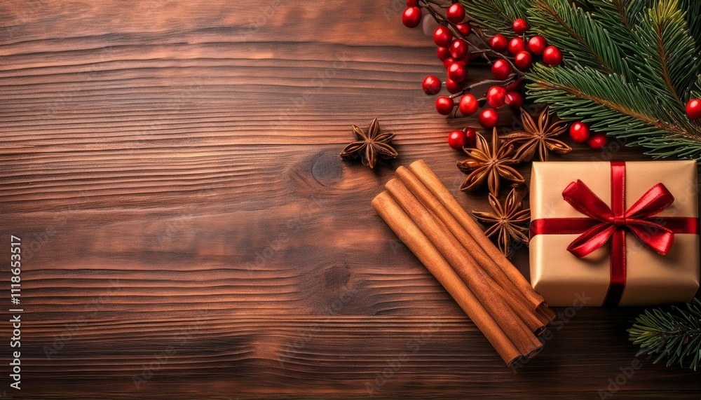 Naklejka premium christmas gift cinnamon sticks and berries creating festive atmosphere on wooden table