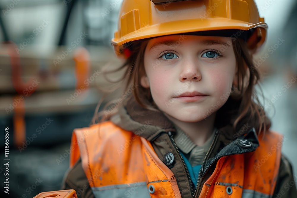 A young girl in a safety helmet and vest poses confidently at a construction site. A young girl in a safety helmet and vest poses confidently at a construction site.