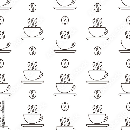 Cups of coffee and coffee beans Brown outline icons on white background. Vector seamless pattern.