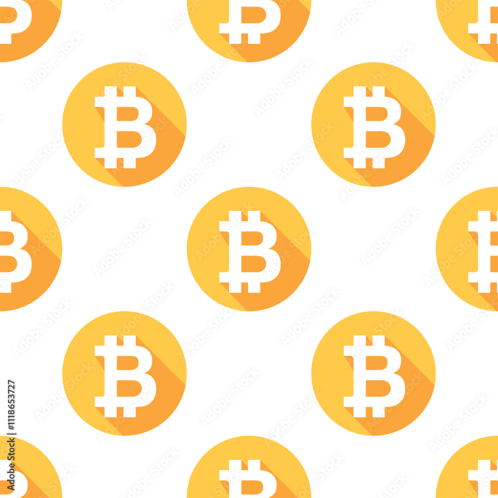 Bitcoin long shadow yellow round icons on white background. Vector seamless pattern. Bitcoin long shadow yellow round icons on white background. Vector seamless pattern.