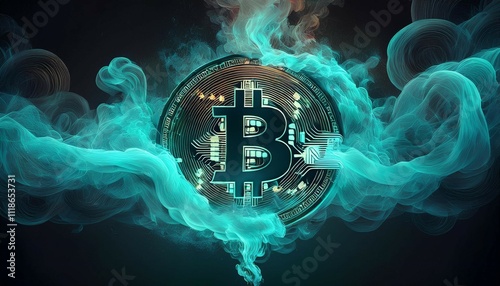 bitcoin energy cyan blue smoke ai generated