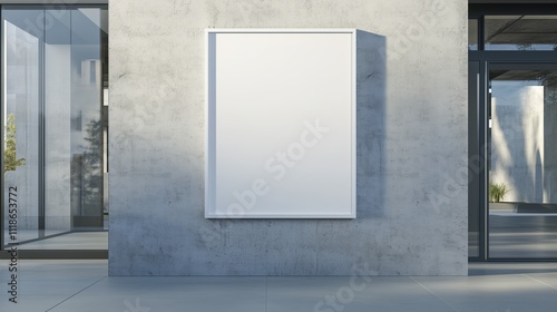 Empty white billboard or poster frame on the exterior wall of a modern building in an urban setting, illuminated by soft sunlight