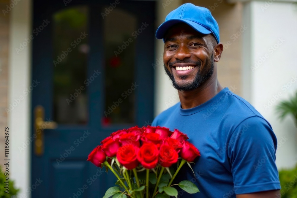 Happy black Flower Delivery Man with Bouquet of Roses. Portrait of smiling Black flower Delivery Man in cap, holding Bouquet of red roses, blurred background of door of private house Happy black Flower Delivery Man with Bouquet of Roses. Portrait of smiling Black flower Delivery Man in cap, holding Bouquet of red roses, blurred background of door of private house