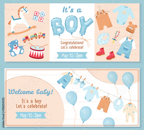 Horizontal banner design with toys, teddy bear, clothes. Gender reveal party banner element 'BOY' blue helium balloons. Ideal for baby shower invitations, cards and party decor Festive vector design