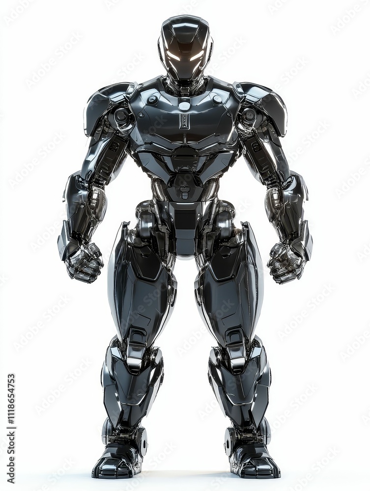 Black metallic robot, powerful, futuristic design.