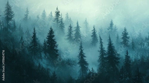 Misty enigmatic forest landscape in fog photo