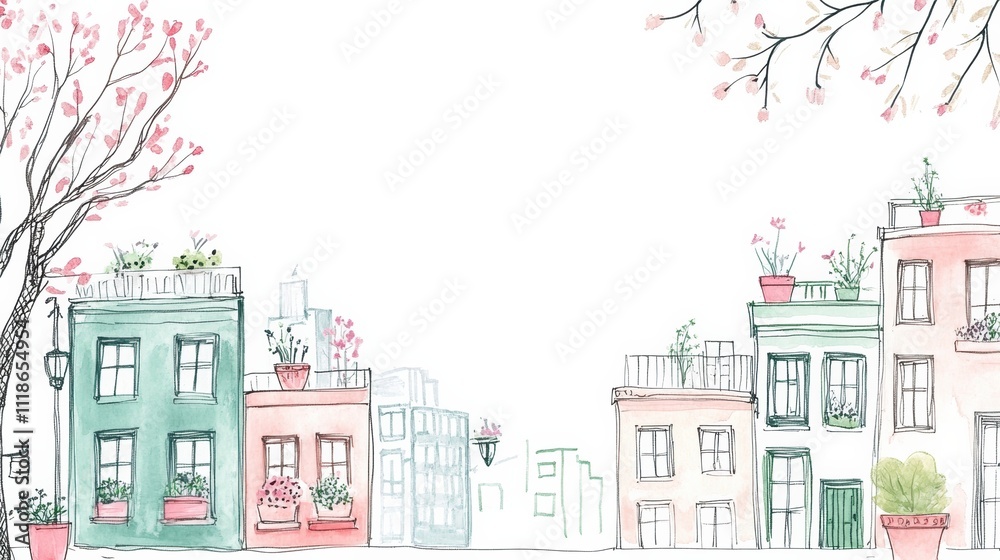 Fototapeta premium Colorful doodle features a lively city street adorned with flowering trees and potted plants on vibrant buildings, creating a cheerful atmosphere. Generative AI
